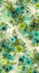 Vibrant floral design with teal and lime green blossoms.
