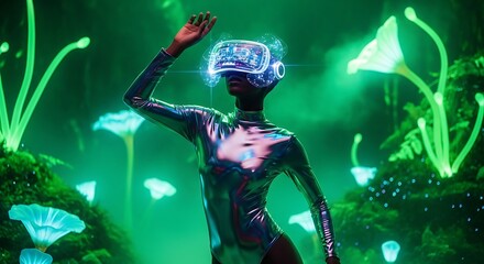 Futuristic cyberpunk portrait of a woman wearing reflective VR goggles displaying a vivid cosmic scene with galaxies, planets, and nebulae, surrounded by glowing green neon leaves and luminous wires
