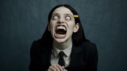 Seamless loop of a screaming possessed woman with white eyes rolled back. The intense footage is heavily distorted by digital noise and glitch transitions. - Powered by Adobe