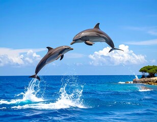 Fototapeta premium Two dolphins leap gracefully in a vibrant ocean scene