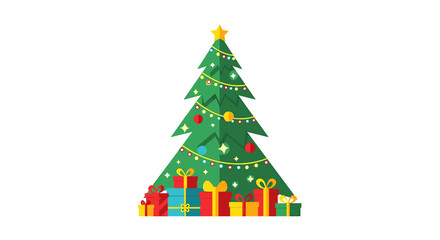 A decorated Christmas tree stands tall, adorned with ornaments and lights, surrounded by colorful presents at its base.