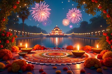 Diwali celebration with fireworks and floating diyas on a lake