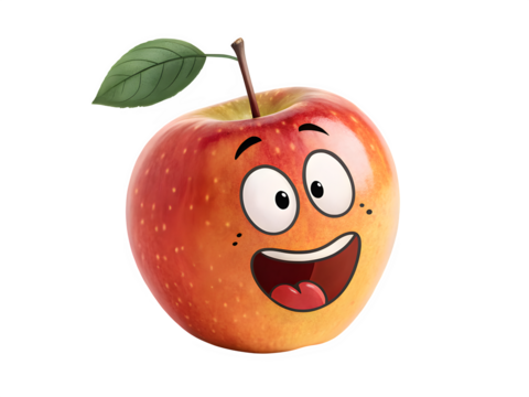 Funny cartoon apple with a happy face isolated on transparent background