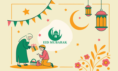 Happy Eid Mubarak poster Islamic Mosque Background. Greeting Card Design for Islamic religion,
