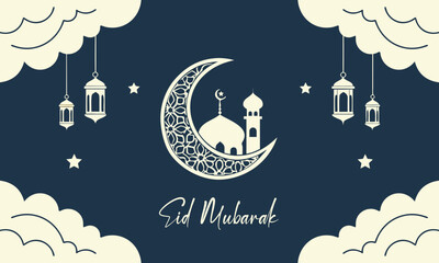 Happy Eid Mubarak poster Islamic Mosque Background. Greeting Card Design for Islamic religion,