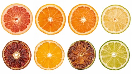 Obraz premium Assorted citrus fruits cut in half on white background