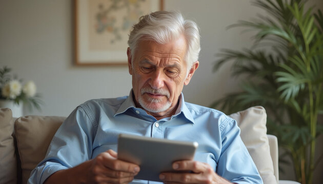 Elderly man using tablet while sitting on a sofa in a cozy living room  