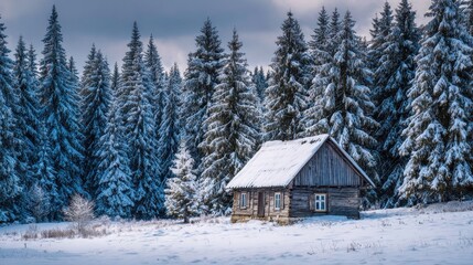 Charming Snowy Chalet Surrounded by Frosted Fir Trees in a Serene Winter Landscape