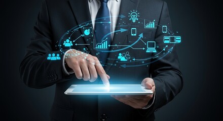 Businessman interacting with a futuristic digital interface and data flow on a tablet device