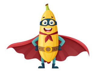Funny superhero banana character with red cape and mask isolated on transparent background