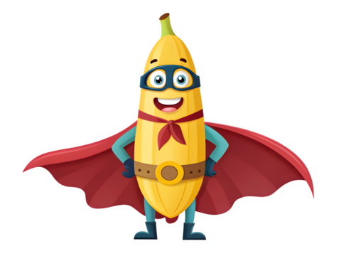 Funny superhero banana character with red cape and mask isolated on transparent background - Powered by Adobe