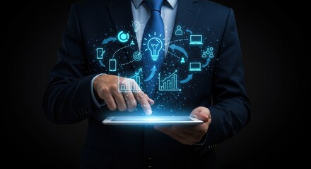 Businessman uses tablet with futuristic digital interface showing business growth and innovation concepts