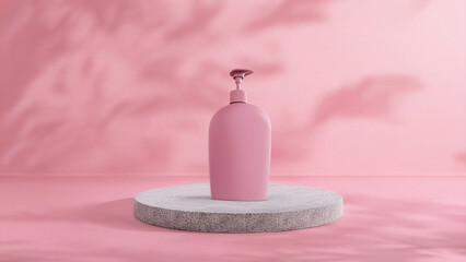 Skincare product mockup featuring a blank pink pump bottle on a speckled stone stage. A clean beauty scene with a pink wall and sunlit shadows for cosmetic advertising.