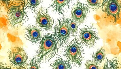 Obraz premium Peacock feather pattern on a white background with watercolor splatters