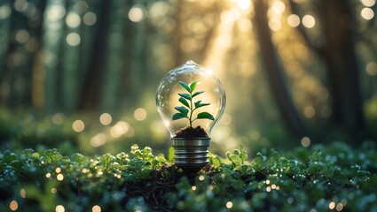 A vibrant green sprout thrives inside a glowing light bulb nestled in a lush, sun-dappled forest, symbolizing innovative sustainable energy and ecological hope for a brighter future