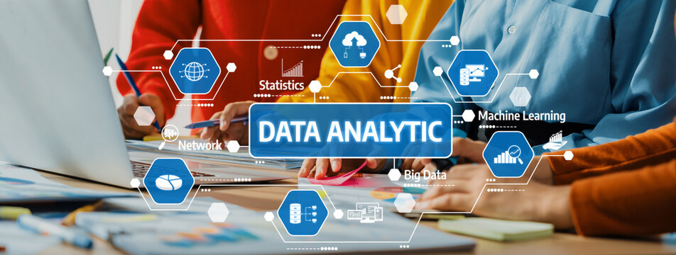Startup company employee working together, analyzing BI dashboard paper on financial data report and planning strategic marketing for business success in panorama banner. Synergic Amity