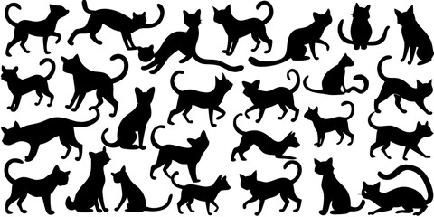 A collection of diverse cat silhouettes in various poses, isolated on a transparent background, showcasing different breeds and playful or graceful movements