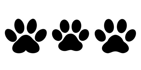 Three black paw prints isolated on transparent background, representing animal tracks or pet footprints, symbolizing a walk or steps taken by a dog or cat