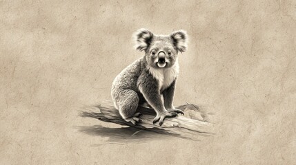 Obraz premium Monochromatic koala perched on a branch, against a rustic paper-textured backdrop