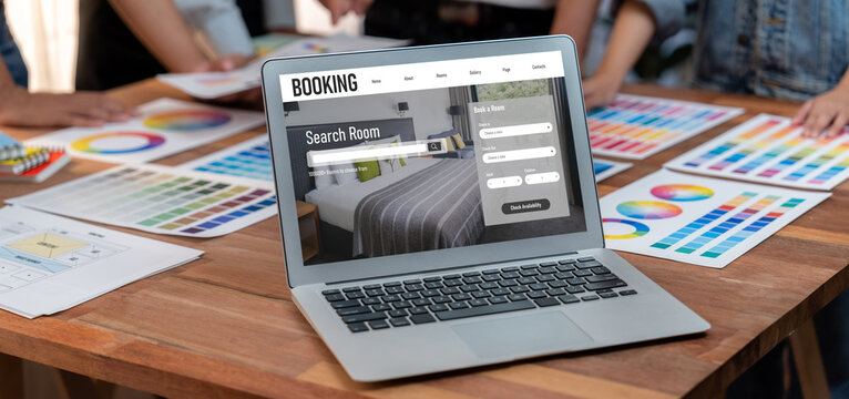 Online hotel accommodation booking website provide brisk reservation system . Travel technology concept . - Powered by Adobe