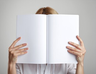 Woman Hiding Face Behind Blank Book (AI Generated)