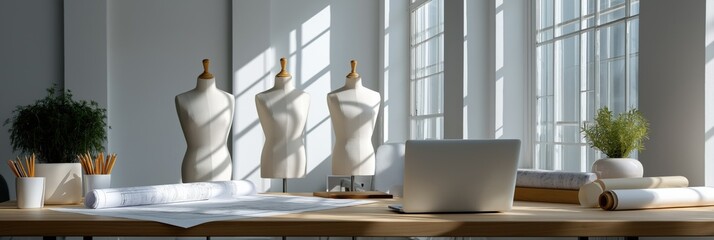 Sunlit fashion studio with dress forms, drafting table, and laptop