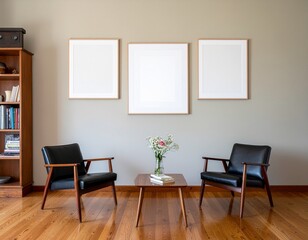 Modern living room with three empty frames (AI Generated)