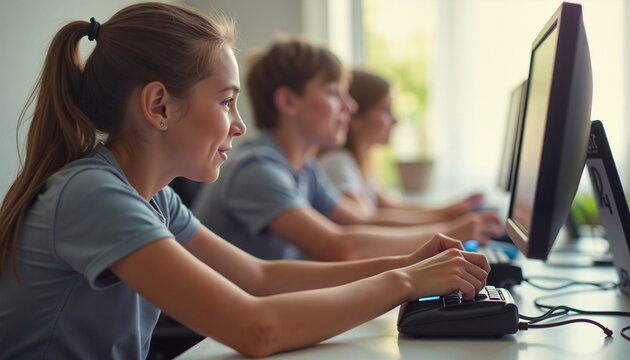 Teenagers playing video games at computers in a modern classroom - Powered by Adobe
