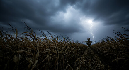 A scarecrow stands in a cornfield with a lightning strike in the dark and stormy sky behind it ai generated