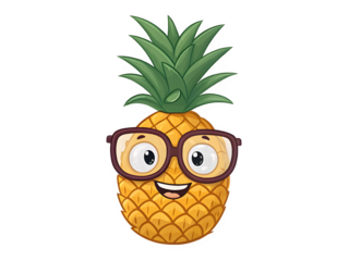 Cute cartoon pineapple wearing glasses and smiling isolated on transparent background