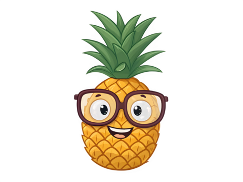 Cute cartoon pineapple wearing glasses and smiling isolated on transparent background