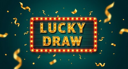 Lucky Draw Marquee Sign with Confetti on Green Background