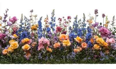 A vibrant, horizontal display of densely packed flowers in varying heights and hues, from pastel pinks and yellows to deep blues and purples, atop lush green foliage, against a white background