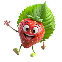 Fototapeta premium Happy cartoon strawberry character waving hello isolated on transparent background