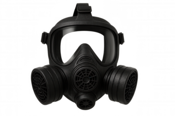 Black gas mask with dual filter cartridges isolated on transparent background, providing respiratory protection in hazardous environments