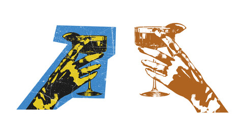 Retro Pop Art Hands Holding Cocktail Glasses Illustration with Textured Effects PNG