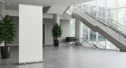 Blank Roll-up Banner Stand in Modern Lobby with Staircase and Greenery