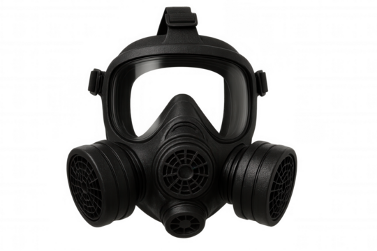 Black gas mask with dual filter cartridges isolated on transparent background, providing respiratory protection in hazardous environments