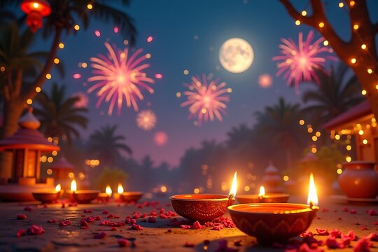Diwali festival of lights with fireworks and diyas