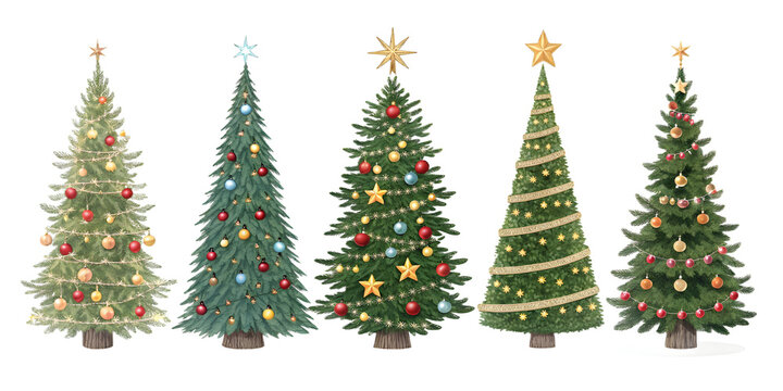 Five decorated christmas trees with ornaments and stars isolated on white background image