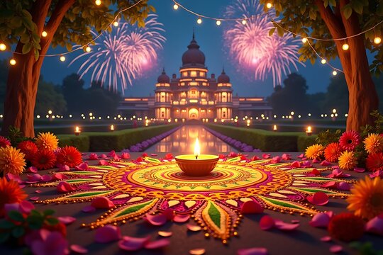 Vibrant diwali celebration with fireworks and rangoli