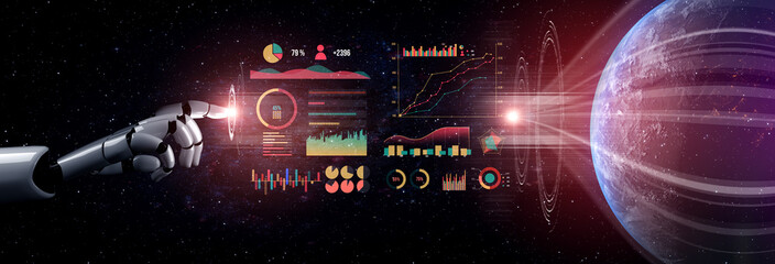 Futuristic Robot Hand Interacting with Data Charts and Space Elements for Technology and Innovation Concepts Impute.