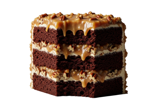 Extreme close-up macro of a luxurious German chocolate cake slice, moist dark layers, thick glossy coconut-pecan frosting with a bite revealing rich caramel-pecan, on transparent, decadent dessert