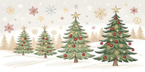 Fototapeta premium Four decorated Christmas trees with red and gold ornaments and stars in a snowy landscape with falling snowflakes