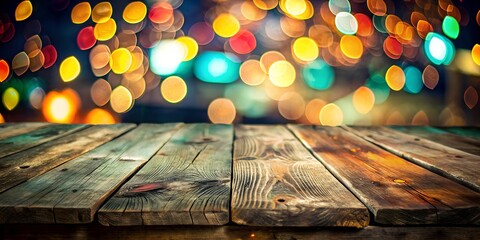 Wooden table surface with a bokeh background of colorful blurred lights, perfect for product display, festive occasions, or creating a warm, inviting atmosphere