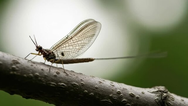 Graceful mayfly landing on branch displaying delicate wing movements in natural habitat