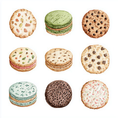 set of watercolor cookies illustrations, different tastes 