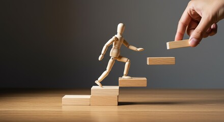 A helping hand builds a wooden staircase for a figure, a concept of mentorship, career development, support, and personal growth.