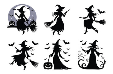 Halloween witch silhouettes with bats and pumpkins and moon