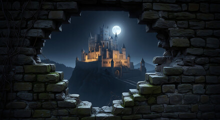 Castle illuminated by moonlight seen through a hole in an old stone brick wall at night time ai generated